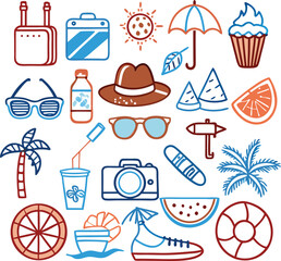 Hand Drawn Summer Vacation Set Isolated on White Background | Travel and Beach Vector Illustration