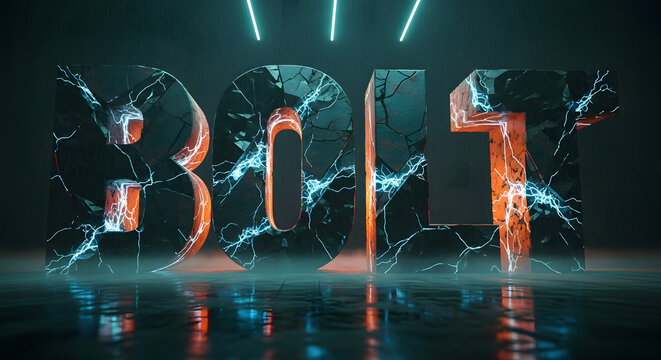 Dynamic 3D text rendering of the word 'BOLT' with a cracked, electric aesthetic, set against a dark backdrop with neon accents and reflective surface.