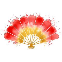 Vibrant red and gold watercolor japanese fan with splashing paint effects isolated on transparent background