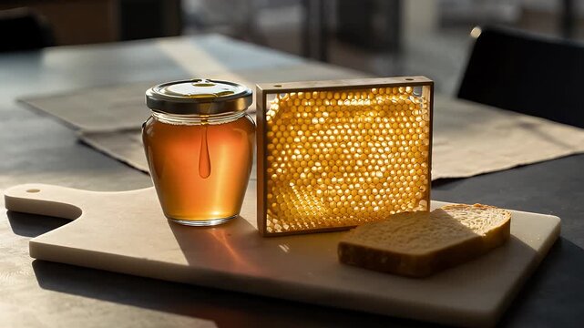 Golden honey jar and raw honeycomb with fresh bread on rustic wooden board