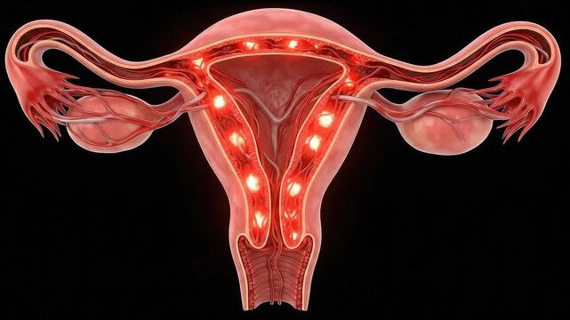 Anatomical cross-section of the female reproductive system uterus fallopian tubes ovaries with pulsating red light representing activity or potential medical conditions
