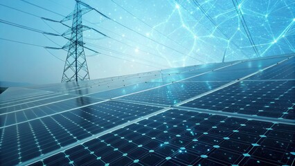 Solar panels reflect modern energy solutions, connected to power lines, showcasing the integration of renewable energy technology and grid systems.