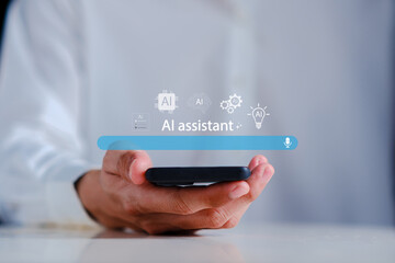Person Holding Smartphone with Virtual AI Assistant Interface Displayed, Modern Technology Concept in Digital Communication and Innovation