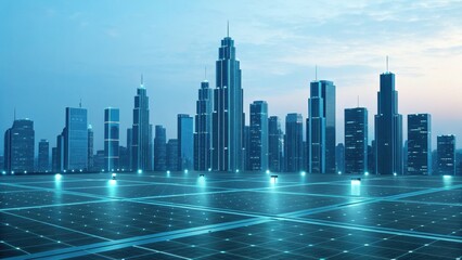 A futuristic city skyline at dusk, featuring tall skyscrapers and solar panels reflecting blue light.
