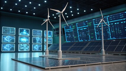 A modern energy facility featuring wind turbines and solar panels, showcasing advanced technology and digital displays for renewable energy management.