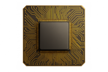Central processing unit (cpu) or microprocessor with gold circuit lines, symbolizing computing power and advanced electronics, transparent background