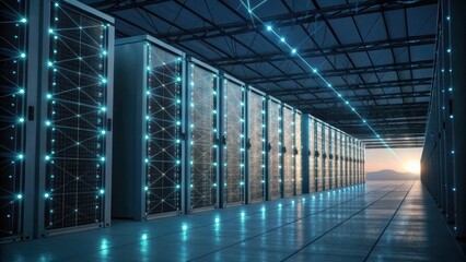 A futuristic data center featuring rows of servers illuminated by blue lights, set against a backdrop of a glowing horizon.