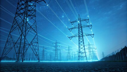 A futuristic landscape featuring illuminated power lines and pylons under a starry sky, emphasizing energy transmission and technology.