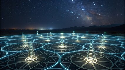 A futuristic landscape featuring illuminated power structures beneath a starry night sky, showcasing a blend of technology and nature.