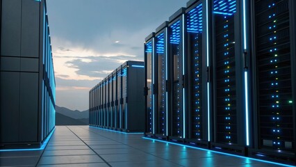 A futuristic data center with rows of servers illuminated by blue lights, set against a dramatic sky at dusk.