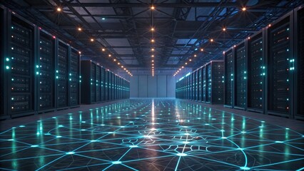 A modern data center featuring rows of servers with illuminated pathways and a high-tech atmosphere.