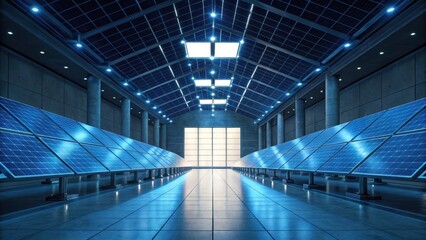 A modern solar panel facility featuring rows of blue solar panels under bright lights, showcasing renewable energy technology.