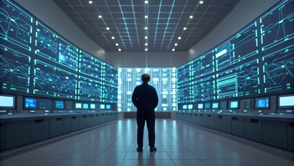 A person stands in a high-tech control room surrounded by large screens displaying data and analytics.