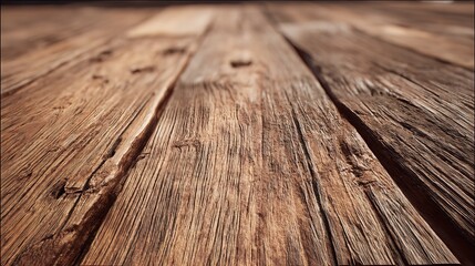 Closeup view of weathered wooden planks with a rustic texture, showcasing the natural grain and imperfections of aged wood