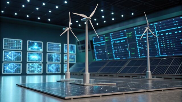 A modern energy facility featuring wind turbines and solar panels, showcasing advanced technology and digital displays for renewable energy management.