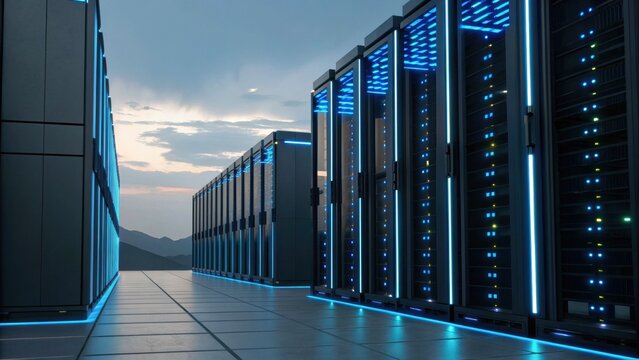 A futuristic data center with rows of servers illuminated by blue lights, set against a dramatic sky at dusk.