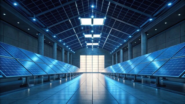 A modern solar panel facility featuring rows of blue solar panels under bright lights, showcasing renewable energy technology.
