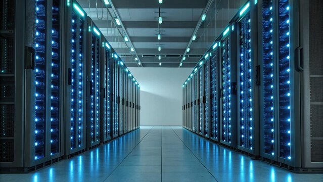 A high-tech server room featuring rows of servers illuminated by blue lights, showcasing modern data storage technology. - Powered by Adobe