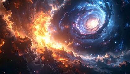 Swirling cosmic nebula with fiery and celestial colors