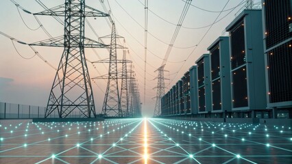 A futuristic landscape showcasing power lines and modern infrastructure, illuminated by glowing digital pathways at sunset.