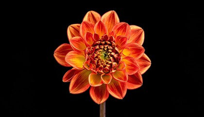 Vivid dahlia bloom with radial petals, centered on black