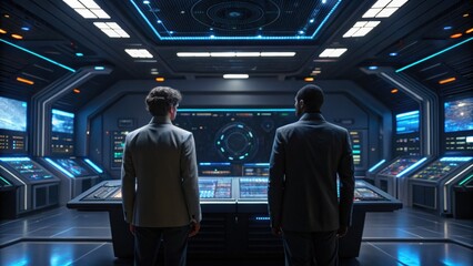 Two individuals stand in a futuristic control room, observing advanced technology and screens displaying complex data.