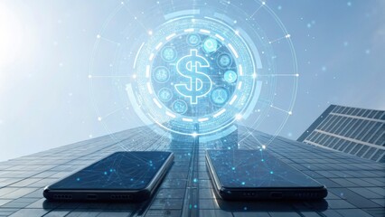 A futuristic image showcasing two smartphones against a skyscraper, surrounded by digital currency symbols and technology elements.