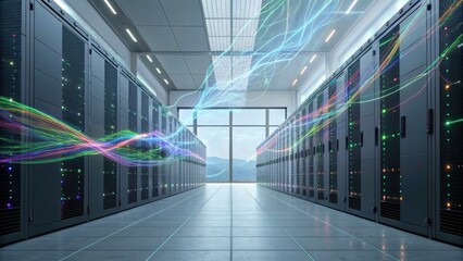 A modern data center featuring rows of servers, illuminated by colorful light patterns, with a view of mountains through large windows.
