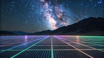 A stunning night view of solar panels illuminated under a starry sky, showcasing the Milky Way above a mountainous landscape.