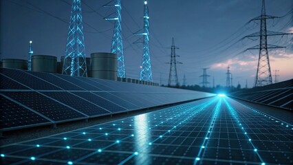 A futuristic landscape featuring solar panels and power lines, illustrating renewable energy technology at twilight.
