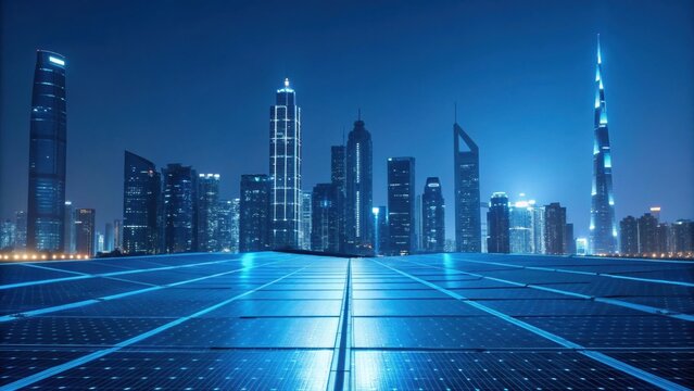 A futuristic city skyline at night, with glowing skyscrapers and solar panels in the foreground, highlighting advanced technology and sustainability.
