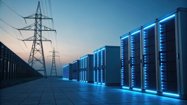 A futuristic scene featuring illuminated server racks aligned along a pathway, with power lines in the background at dusk.