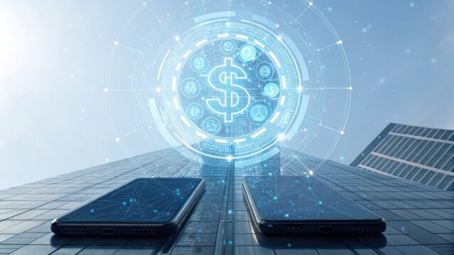 A futuristic image showcasing two smartphones against a skyscraper, surrounded by digital currency symbols and technology elements.