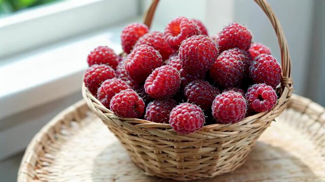Close-up of fresh raspberries in bamboo basket Fresh raspberries in basket