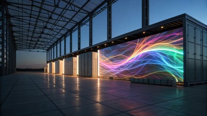 A modern structure featuring vibrant light patterns on a large screen, set against a night sky, showcasing technology and design.