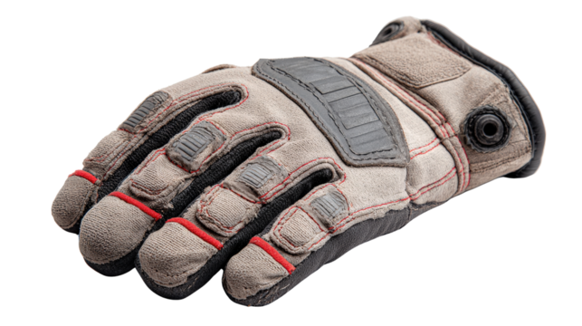 Single mechanic glove with reinforced knuckles placed isolated on a Transparent background, PNG file.