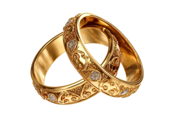 Interlocked gold rings, ornate floral details, small gems