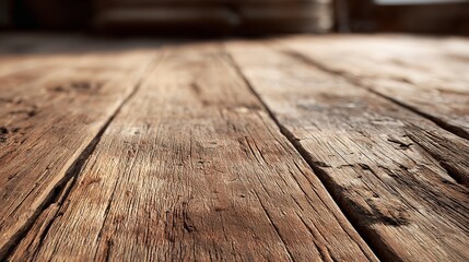 Closeup of weathered, rustic wooden planks with a shallow depth of field, showing texture and grain, bathed in soft natural light