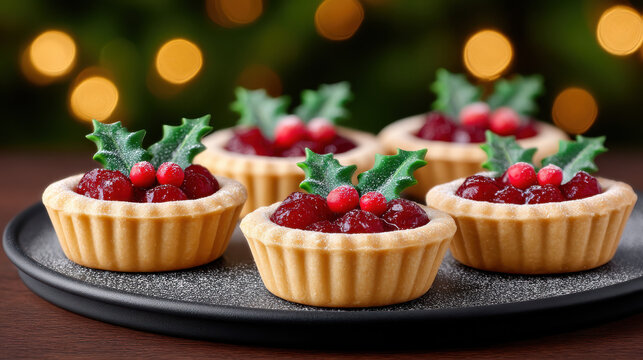 Christmas baking scene with festive tartlets decorated with red berries and green holly leaves on black plate with warm lights - Powered by Adobe
