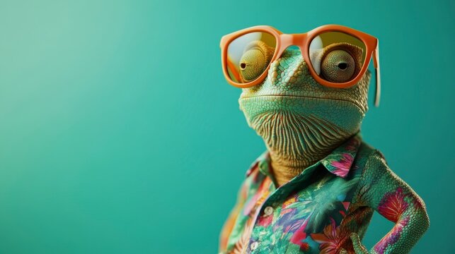 Funny chameleon with sunglasses and hawaiian shirt stock photo for summer vacation travel and animal lovers - Powered by Adobe