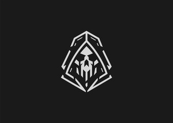 A minimalist grim reaper logo in line art style, featuring a hooded figure with a scythe, symbolizing mystery and mortality, designed as a modern creative vector concept