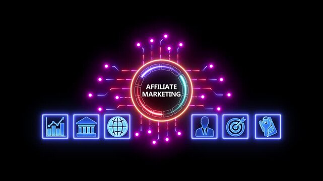 Concept for business AFFILIATE MARKETING, management and procedures.Neon Circuit board line connecting with Artificial Intelligence technology concept.business and industrial technology concept. 4k