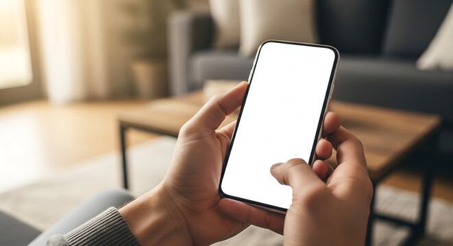 Person using smartphone with blank screen at home