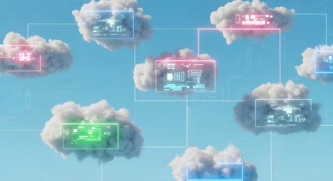 A digital visualization of cloud computing, showing interconnected clouds with colorful data panels and icons, symbolizing modern networking, integration, and technology infrastructure.