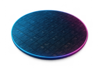 Futuristic silicon wafer with microchip grid pattern, glowing blue and purple, symbolizing computing, ai, and modern electronics