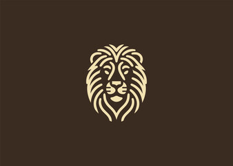 A majestic lion head logo in detailed line art, representing courage, strength, and royalty, drawn with elegant flowing lines in a clean minimalist vector design