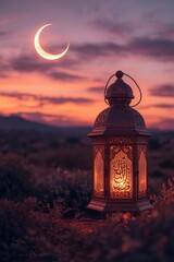 Glowing ramadan lantern under a crescent moon at sunset