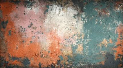 Abstract textured background with peeling paint and weathered surface, showing a mix of orange, teal, and white colors with dark edges