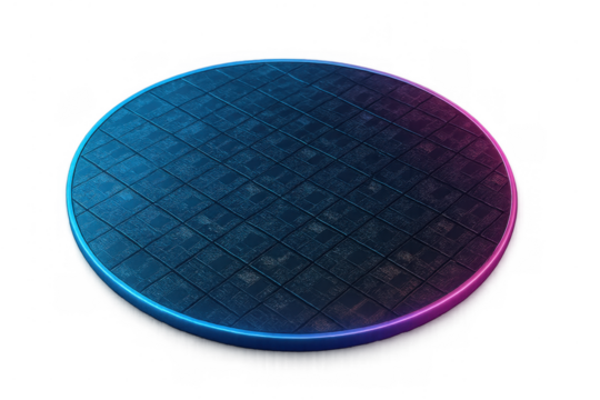 Futuristic silicon wafer with microchip grid pattern, glowing blue and purple, symbolizing computing, ai, and modern electronics - Powered by Adobe
