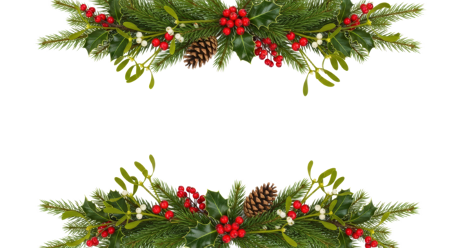 Christmas Garland Border With Pine Cones Holly Berries And Fir Needles isolated on Transparent Background